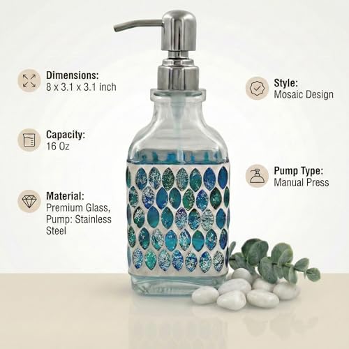 BOPPIE Handcrafted Mosaic Glass Soap Dispenser, Modern Countertop Hand & Dish Soap Dispenser for Bathroom/Kitchen, Refillable Liquid Soap Bottle with Stainless Steel Rust Proof Pump (Mosaic Blue) - color: Mosaic Blue