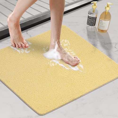 HITSLAM Non Slip Bathtub Mat 24 x 24 Inch, Extra Long Bath Mat for Tub, Soft PVC Loofah Shower Floor Mat with Drain, Quick Drying Bathroom Tub Mat for Wet Area, Without Suction Cup, Beige - color: Beige, size: 24" x 24" (Square)