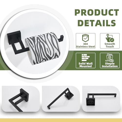 APLusee Matte Black Toilet Paper Holder, 304 Stainless Steel Roll Hanger for Bathroom Kitchen, Wall Mounted