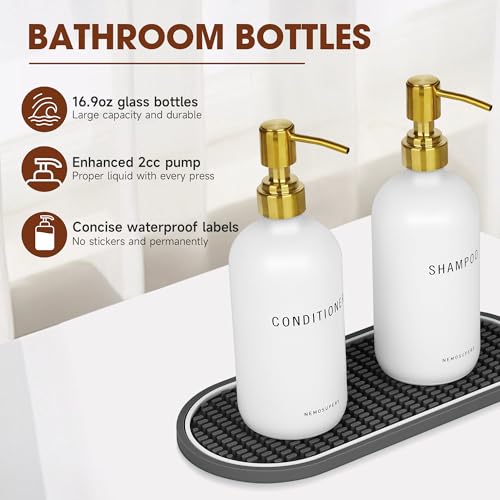 White Glass Shampoo and Conditioner Dispenser Set –16.9oz Refillable Bottles with Stainless Steel Pump, Non-Slip Mat & Waterproof Labels –Shampoo Conditioner Body Wash Dispenser for Shower - color: White