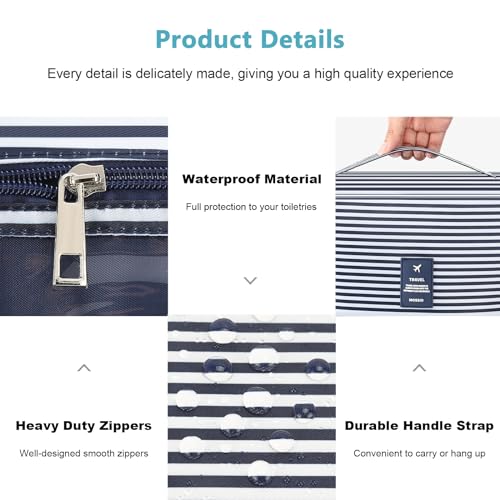 Mossio Hanging Toiletry Bag with Sturdy Hook - Large Portable Cosmetic Makeup Travel Organizer for Men & Women - color: Blue Stripe