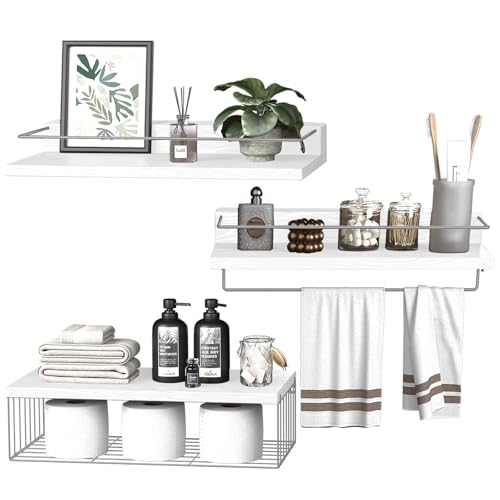 PopiShelves 22.5 inches Bathroom Shelves Over Toilet for Wall, Floating Shelves with Storage Basket Paper Holer for Kitchen Living Room, Bedroom & Classroom, Set of 3 (White and Grey) - color: White and Grey, size: 22.5"