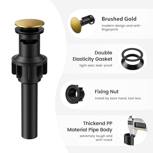Bathroom Sink Drain with Overflow, Hurran Bathroom Sink Stopper for Bathroom Vanity Vessel Sink, Rapid Draining Plastic Pop-up Sink Drain with Hair Catcher Anti-Clog Strainer, Brushed Gold - color: Brushed Gold