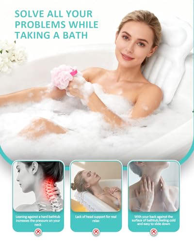 Full Body Bath Pillow for Bathtub, 5D Thick Tub Pillow for Bathtub with 192 Non-Slip Suction Cups, Laundry Bag & Hook, Bathtub Pillow for Head, Neck & Back Support (White, 51"*15") - color: White