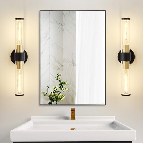 Hardwired Black Gold Vanity Light Clear Glass Wall Sconce | Up & Down Bidirectional Lighting, Damp Rated For Bathrooms, Dimmable, Rustproof Metal, 5-Year Manufacturer Warranty - color: Black Gold-A