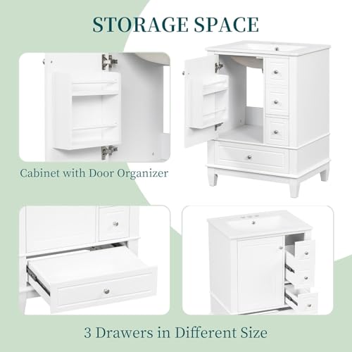 Linique 24" Modern Bathroom Vanity with Sink Combo Set, 3 Drawers, Soft Closing Door with Organizer, White - color: White, size: 24"/ Door with Organizer