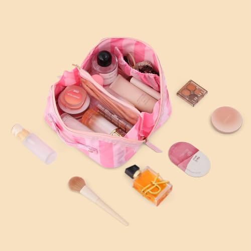 DYSHAYEN Stripe Travel Makeup Bag with Compartments Clear Coated Cosmetic Bag for Women, Waterproof Portable Open Flat Toiletry bag （Pink-Hot Pink） - color: Pink-Hot Pink