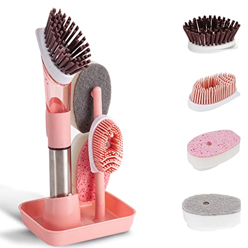 Dish Cleaning Brush, Soap Dispensing Dish Brush Set with 4 Replacement Heads and Storage Holder, Kitchen Scrub Brush for Dish Pot Pan Sink Cleaning (Pink) - color: Pink
