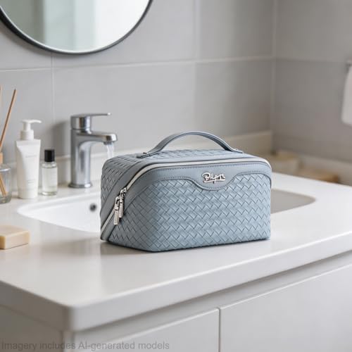 BOYATU Travel Makeup Bag Cosmetic Bags for Women: Large Capacity 3 Pcs Set Make up Bag with Compartments - Waterproof Vegan Leather Toiletry Organizer Bags with Handle (L04 Light Blue) - color: L04 Light Blue