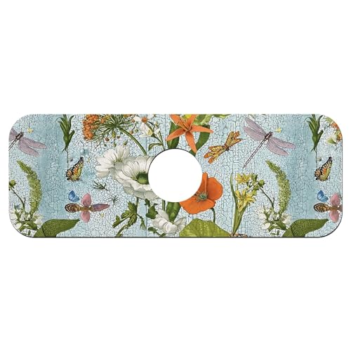 Faucet Fast Absorbent Pad - Vintage Dragonfly Butterfly Flowers Drying Pad, Suitable For Kitchen, Bathroom, Island And Other Scenes - color: Vintage Dragonfly Butterfly Flowers