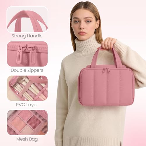 Travel Toiletry Bag for Women,Large Makeup Bag Organizer,Puffy Cosmetic Bag with Wet Dry Separation,Waterproof Toiletries Bag with Trolley Sleeve,Dark Pink - color: Dark Pink