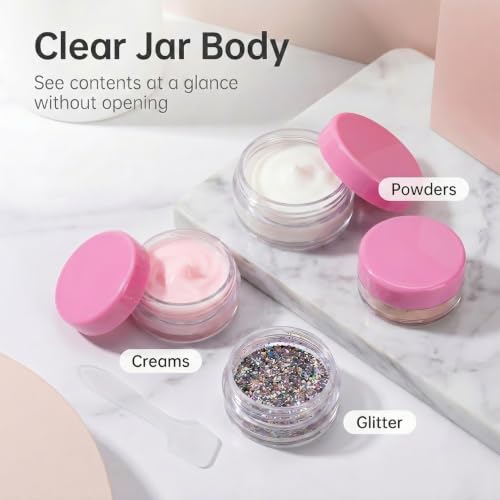 3 Gram Sample Jars with Lids, 25 Count Mini Cosmetic Containers - Makeup Travel Containers with Labels, Tiny Disposable Spatulas - color: Pink