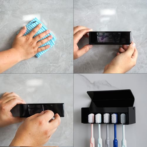 5 Slots Wall Mount Toothbrush Holder with Cover, Self Adhesive Toothbrush Storage Organizer for Shower, Toothbrush Hanger for Bathroom, Medicine Cabinet, Dorm (Black) - color: Black 1 Pack