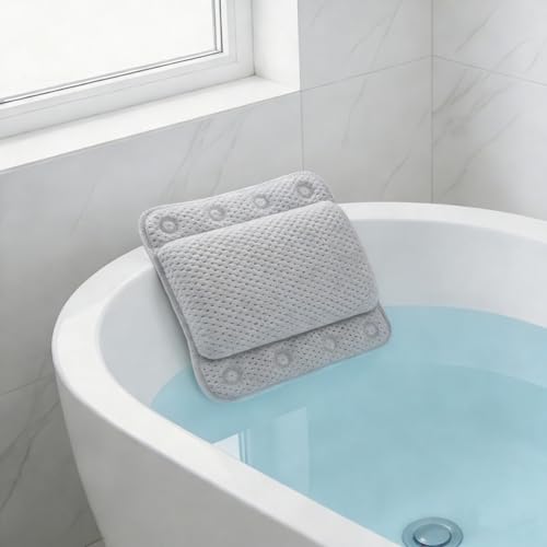 Bathtub Pillow, with Multiple Suction Cups (Grey) | Soft and Thick Material, Supporting the Neck, and Head - color: Grey