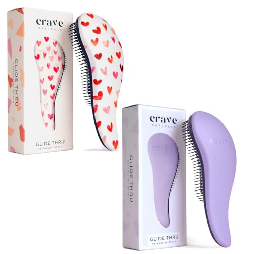 Crave Naturals Glide Thru Detangling Hair Brush for Adults and Kids - Detangler Hairbrush for Curly or Straight, Wet or Dry Hair - Gentle on Tangles Comb - Purple and Pink Hearts (Pack of 2) - color: Pink Hearts & Purple, size: 2 Pack (Regular)