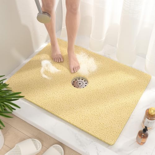 HITSLAM Shower Mat, 32 x 24 Inch Non Slip Bath Mat for Tub, Soft PVC Loofah Bathtub Mats with Drain Holes, Quick Drying Bathroom Stall Floor Mat, Bathroom Accessories Without Suction Cup, Beige - color: Beige, size: 32" x 24" (Rectangular)
