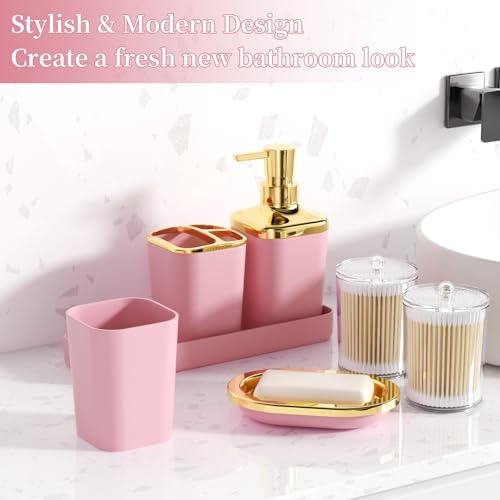 XLHOMO Bathroom Accessories Set - 25PC Bathroom Set with Shower Curtain and Rugs, Pink Bathroom Set, Bathroom Accessory Set with Press-on Lid Trash Can, Soap Dispenser and Qtip Holders - color: Pink & Gold, size: Plaid Complete Set + Bath Rugs