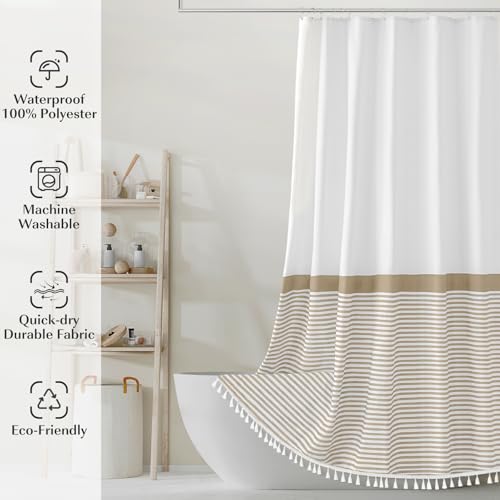 Seasonwood Beige Shower Curtain White Striped Tassel Shower Curtains for Bathroom 72x72 Neutral Shower Curtain, Waterproof - color: Beige and White, size: 72"W x 72"L (Pack of 1)