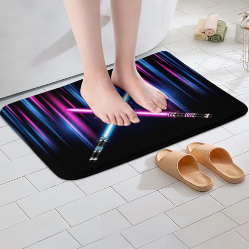 Purple Blue Light Up Sword Bathroom Rug Neon Light Geometric Abstract Ombre Non Slip Bath Mat Kids Boys Men Fashion Games Shaggy Absorbent Floor Mat Cool Black Bath Indoor Doormat Decor,20"x32" - color: Lightsaber 05, size: 20" x 32"