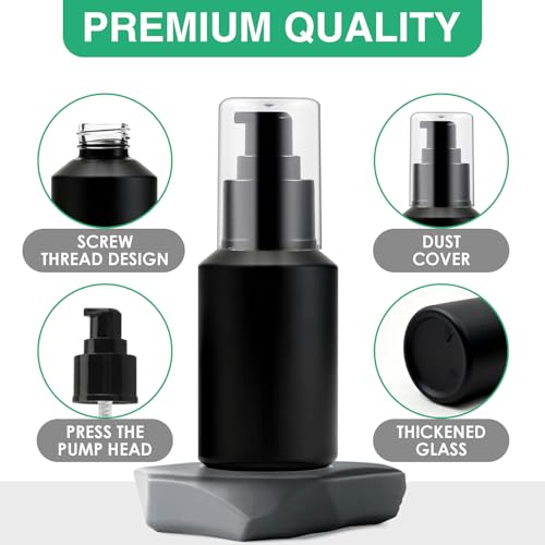 3PCS 60ML/2OZ Empty Black Frosted Glass Bottles with Pump Refillable Vial Cosmetic Dispenser Jars Storage Travel Lotion Container Portable Sample Bottle for Toiletries,Foundation,Cream,Gel,Lotion - color: Black, size: 2 OZ