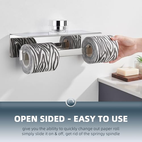 Angle Simple Double Toilet Paper Holder with Shelf Polished Chrome, 304 Stainless Steel Toilet Tissue Roll Holder Wall Mount - color: Polished Chrome, size: Double Rod