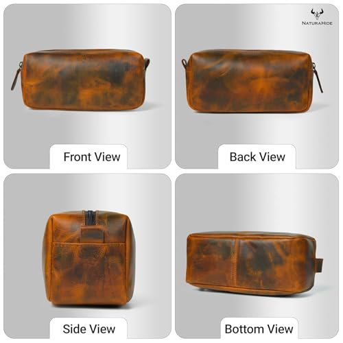 Full Grain Leather Toiletry Bag for Men – Handmade Travel Kit, Small Leather Shaving & Toiletry Organizer, Durable Waxed Canvas Lining (Tan)