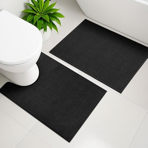 YIHOUSE Black Bathroom Rug Sets 2 Piece, Bathroom Mat Quick Dry, Thin Bath Rug Set,Absorbent Bath Mat for Bath Room Non Slip Washable for Toilet and Floor(17.5"x24"U+17"x24") - color: Black, size: 2 Piece (17.5"x24"U + 17"x24")