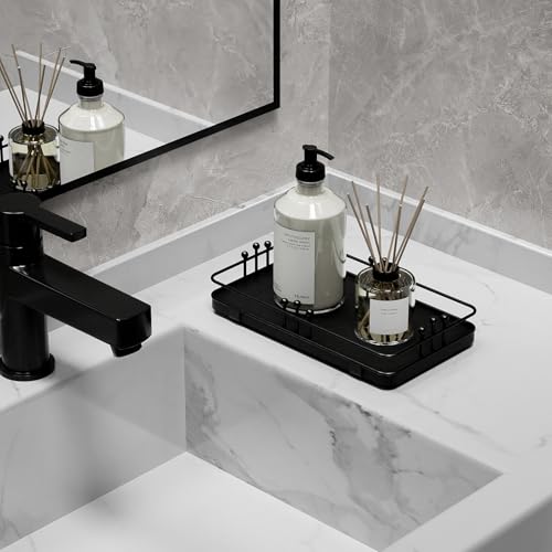 Bathroom Vanity Tray for Toiletries Makeup Perfume Candle Toilet Tank, Kitchen Tray for Soap Dispenser Spice Salt, Small Black Tray for Countertop Decor Coffee Nightstand 7.9”x4.4” - color: Black + Black, size: 7.9" x 4.4" x 1.6"