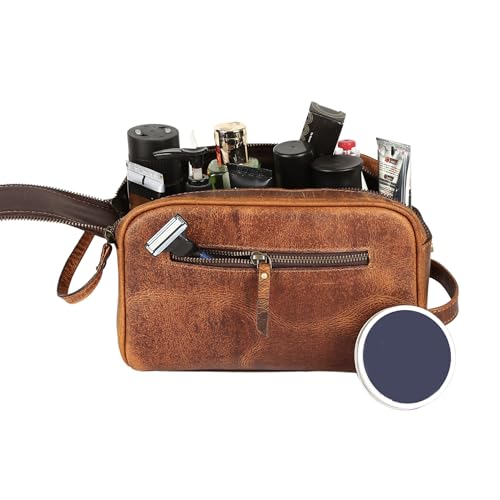 KomalC Travel Toiletry Bag – Premium Leather Dopp Kit for Men & Women with Water-Resistant Lining & Spacious Zippered Organizer - style: 1 Zip Classic Tan