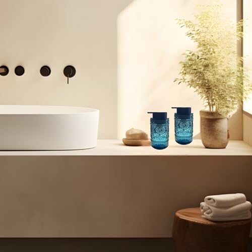 Foaming Hand Soap Dispenser,Vintage Glass Soap and Lotion Dispenser for Bathroom,Kitchen Dish Soap Dispenser with Silver Foam Pump,Cute Farmhouse Antique Decor (Blue+Foam Pump) - color: Blue+foam Pump