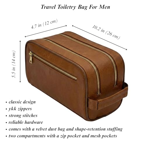 Mens Toiletry Bag, Premium PU Leather Travel Kit, Metal Zippers & Bottom Studs, Velvet Dust Bag & Shape-Retention Packaging – Gift Ready For Groomsmen, Anniversary, Birthday Gifts/CARAMEL BROWN - color: CARAMEL LIGHT BROWN