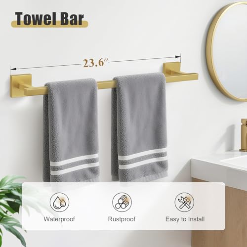 YACVCL 5-Pieces Brushed Gold Bathroom Hardware Accessories Set Stainless Steel Bathroom Towel Bar Set Towel Holder Set for Bathroom,Upgraded Toilet Paper Holder with Shelf,Wall Mounted 23.6" - color: Brushed Gold, size: 5Pcs