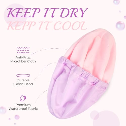 Shower Cap for Women Terry Lined Bath Cap Large Reusable Waterproof Elastic Band Pink Shower Caps for Long Thick Hair Soft Bath Shower Hair Caps - color: PURPLE