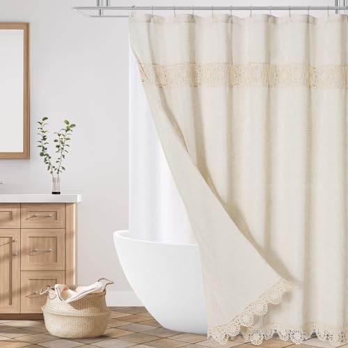 Gibelle Long Boho Farmhouse Shower Curtain Set with Liner, Linen Bohemian French Country Bathroom Curtain 72x78 - Beige/Cream - color: Beige-liner Set, size: 72"W x 78"L (Pack of 1)
