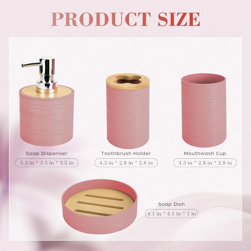 4 PCS Light Pink Bathroom Accessories Set, Includes a Soap Dispenser, Toothbrush Holder, Soap Dish and Mouthwash Cup, Plastics & Bamboo Bathroom Set, Bohemian Style Bathroom Sink Set - color: Light Pink, size: 4 PCS
