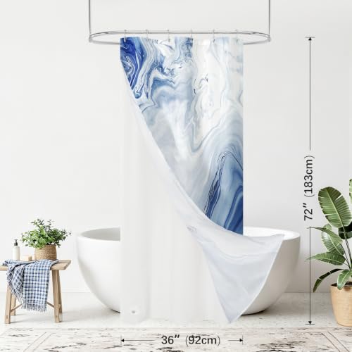 MitoVilla 3 in 1 Stall Half Size Navy Blue Marble Shower Curtain Set-36 W x 72 H, Modern Ripple Shower Curtain and Waterproof Fabric PEVA Liner Set with Stainless Steel Hooks - color: 3 in 1 - Navy, size: 36"W x 72"L (Pack of 1)