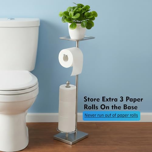 Toilet Paper Holder with Shelf, Toilet Paper Stand with Storage for Holding Extra 3 Rolls, Freestanding Toilet Paper Holder for Bathroom (Brushed Nickel with Metal Base) - color: Brushed Nickel With Metal Base