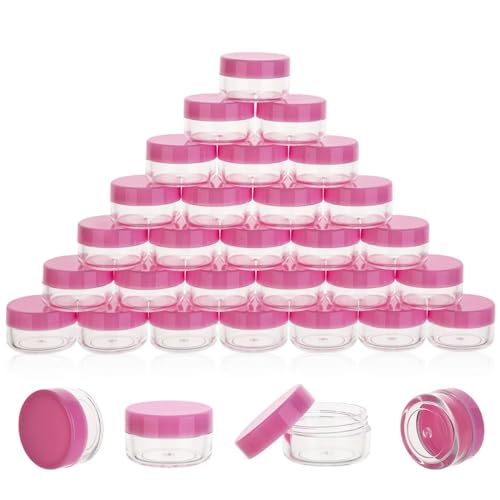 50 Count 5 Gram Sample Containers, Clear Lip Balm Containers with Lids, Small Plastic Sample Jars with 4 Mini Spoons, 50pcs Labels (Pink Lid) - color: Pink, size: 50 Count