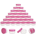 100 Count 5 Gram Sample Containers, Clear Lip Balm Containers with Lids, Small Plastic Sample Jars with 8 Mini Spoons, 100pcs Labels (Pink Lid) - color: Pink, size: 100 Count