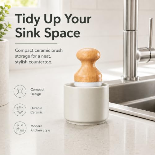 ONEMORE Bamboo Dish Brush with Ceramic Foaming Base, Kitchen Sink Scrub Brush Set with Spring and Mesh Insert, Wooden Handle Dishwashing Brush for Pots Pans Plates Bowls, Gray - color: Gray
