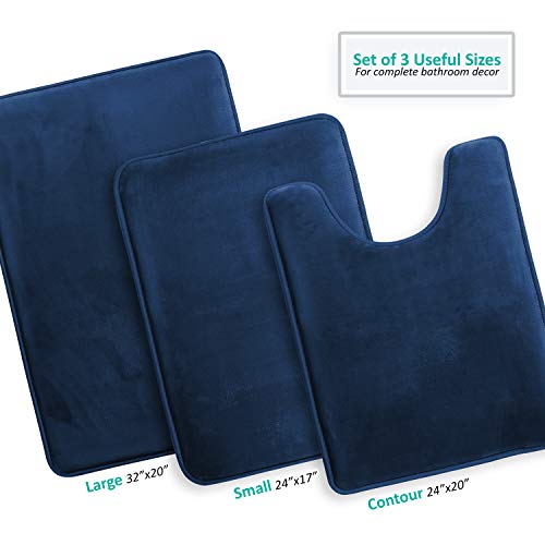 Clara Clark 3 Piece Bathroom Rugs Bath Mat Set, Velvet Memory Foam Bath Mats for Bathroom - Non-Slip, PVC Backing Bath Rugs, Washable - Dries Quickly, Blue - color: Blue, style: 17 x 24 + 20 x 32 + Contour