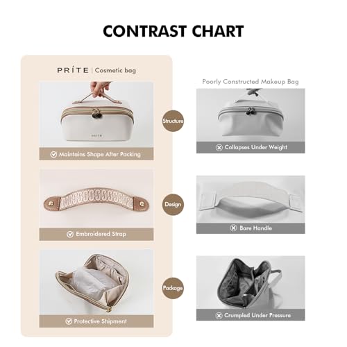 Prite Makeup Bag for Women Travel Waterproof Vegan Leather Cosmetic Bag Open Flat Toiletry Bag With Clear Divider and Handle (Beige, Large) - color: Beige, size: Large