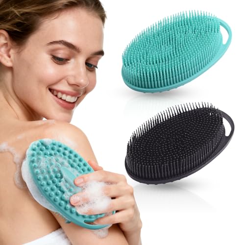 2 Pack Silicone Body Scrubber, Exfoliating Shower Scrubber for All Skin | 2 in 1 dual-sided design, soft bristles and massage bumps side, fast-drying, non-slip handle, for women and men, Black+Green - color: Black&green
