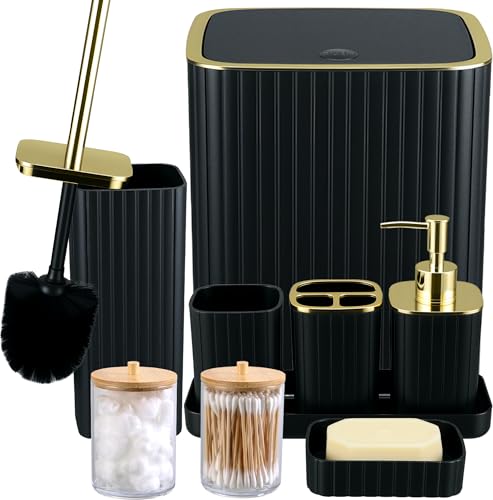 9PCS Black and Gold Bathroom Accessories Set with Bathroom Trash Can, Toilet Brush,Soap Dispenser, Q-Tip Holder | Modern Home Bath Essentials - color: Black&gold, size: 9-Piece Bath Set