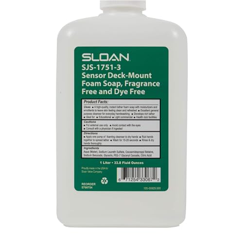 Sloan SJS-1751-3 Sensor Deck-Mount Clear Non-Scented Foam Soap Refill for SJS-1750 Foam Soap Dispenser, Fragrance-Free, Dye-Free, 1000 mL Bottle, 5700754 - color: Clear