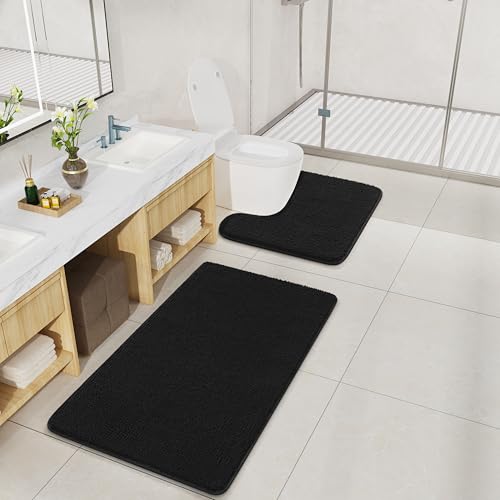 LOCHAS Bathroom Rugs Sets 2 Piece, Soft Non Slip Bath Mat Set, 20''x20'' U-Shaped Toilet Rug and 34''x21'' Black Bath Rugs, Washable Absorbent Chenille Toilet Rug Set for Bathroom, Shower, Sink - color: Black