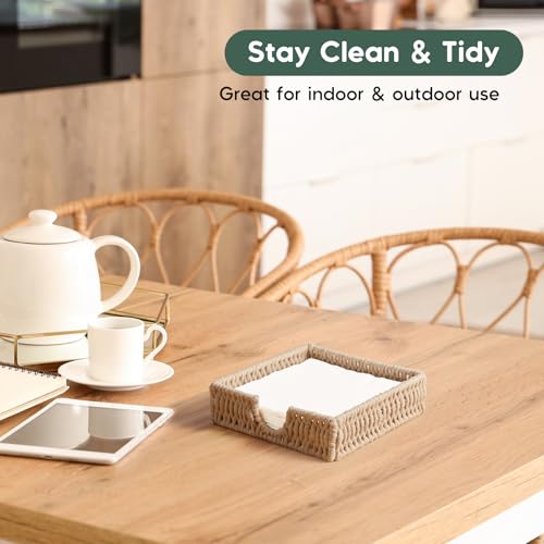 Napkin Holder for Table, Woven Cotton Rope Napkin Holders For Paper Napkins, Wicker Napkin Holders for Kitchen Dinner Table Boho Decor and Accessories, Square Napkin Basket and Serving Tray - color: Light Khaki, size: 7.2"L x 7.2"W x 2.2"H