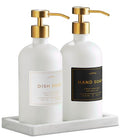 Glass Soap Dispenser Set of 2 (White) with Silicone Tray | Hand and Dish Soap Dispenser for Kitchen and Bathroom | 16.8 Oz Glass Bottles with Stainless Steel Pump & 15 Waterproof Labels (White/Gold) - color: White/Gold