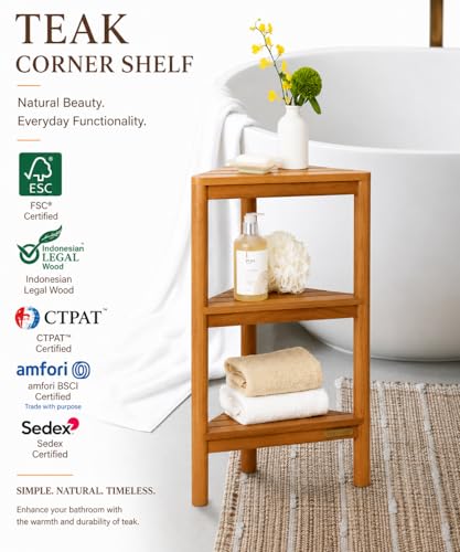 Fully Assembled Teak Corner Bath Shower Storage Stand, Corner Shelves, Shower Caddy 26.5"