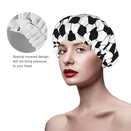 Sport Football Pattern Shower Cap For Women Reusable Waterproof Double Layers Bath Cap Hair Protection Elastic Ladies Spa Salon Shower Hat - color: Football Pattern